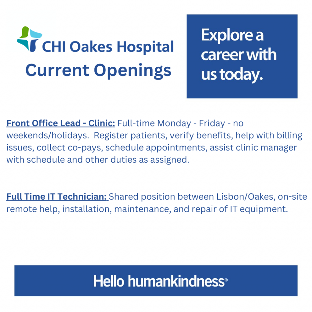 Many Positions Available at CHI Oakes Hospital