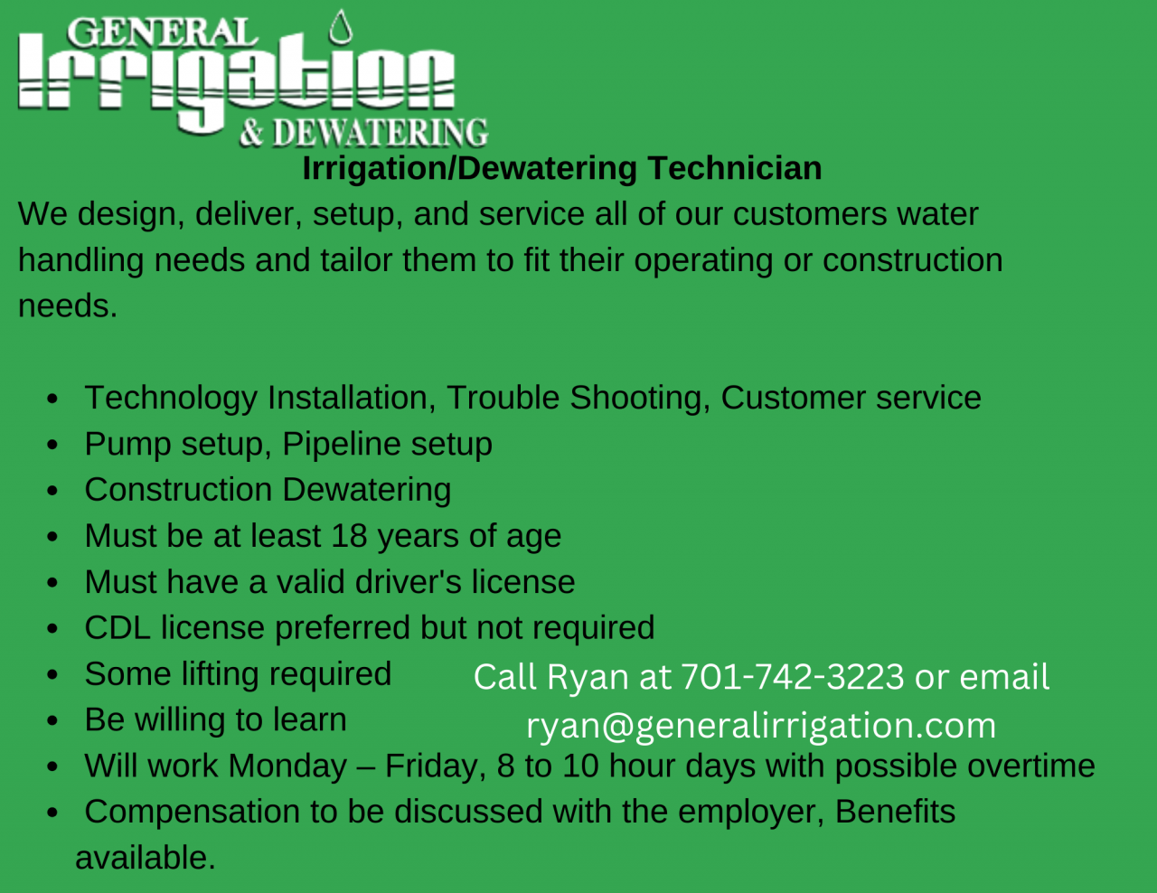 Irrigation/Dewatering Technician at General Irrigation & Dewatering 