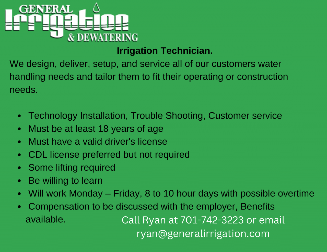 Irrigation Technician at General Irrigation & Dewatering 