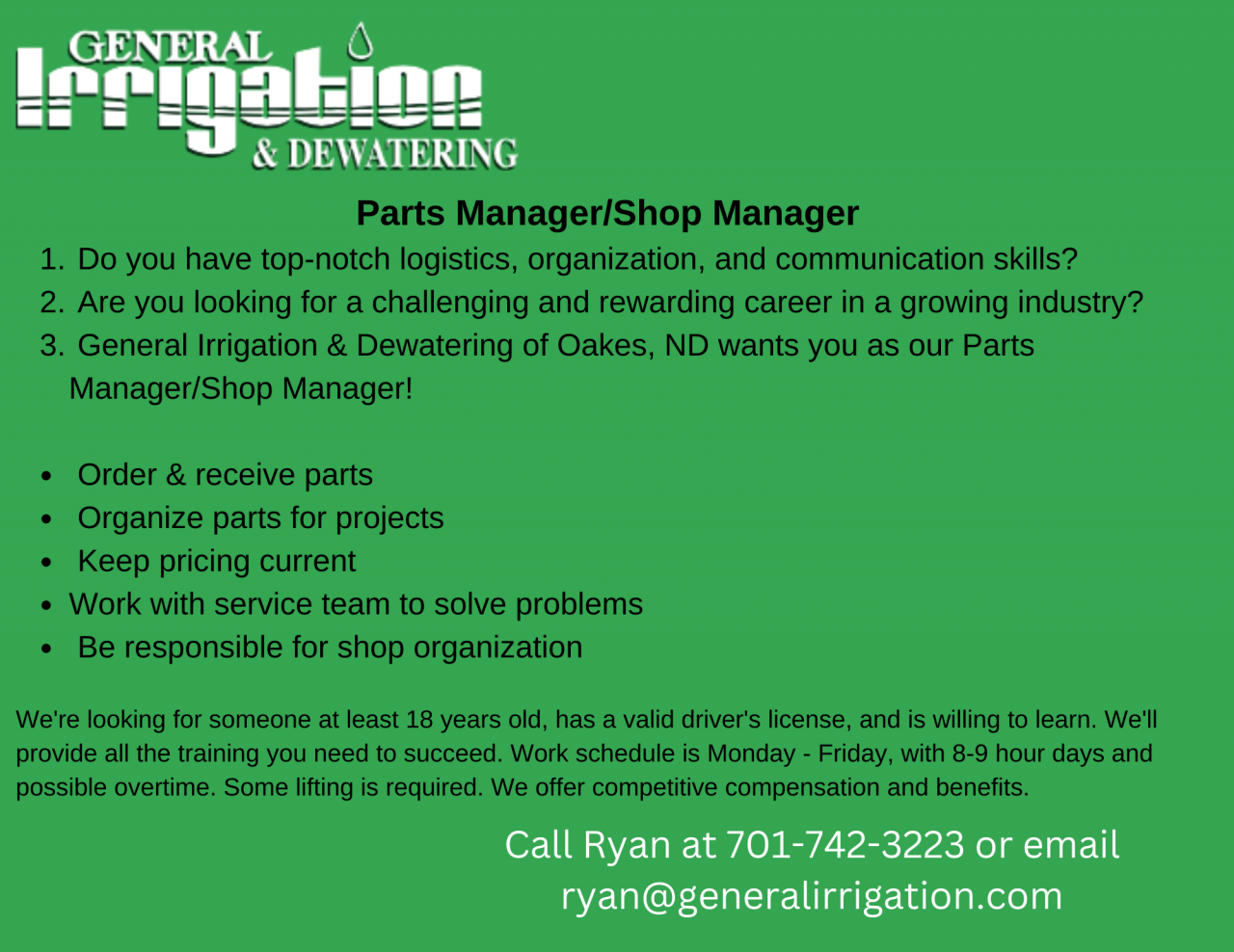 Parts/Shop Manager at General Irrigation & Dewatering 