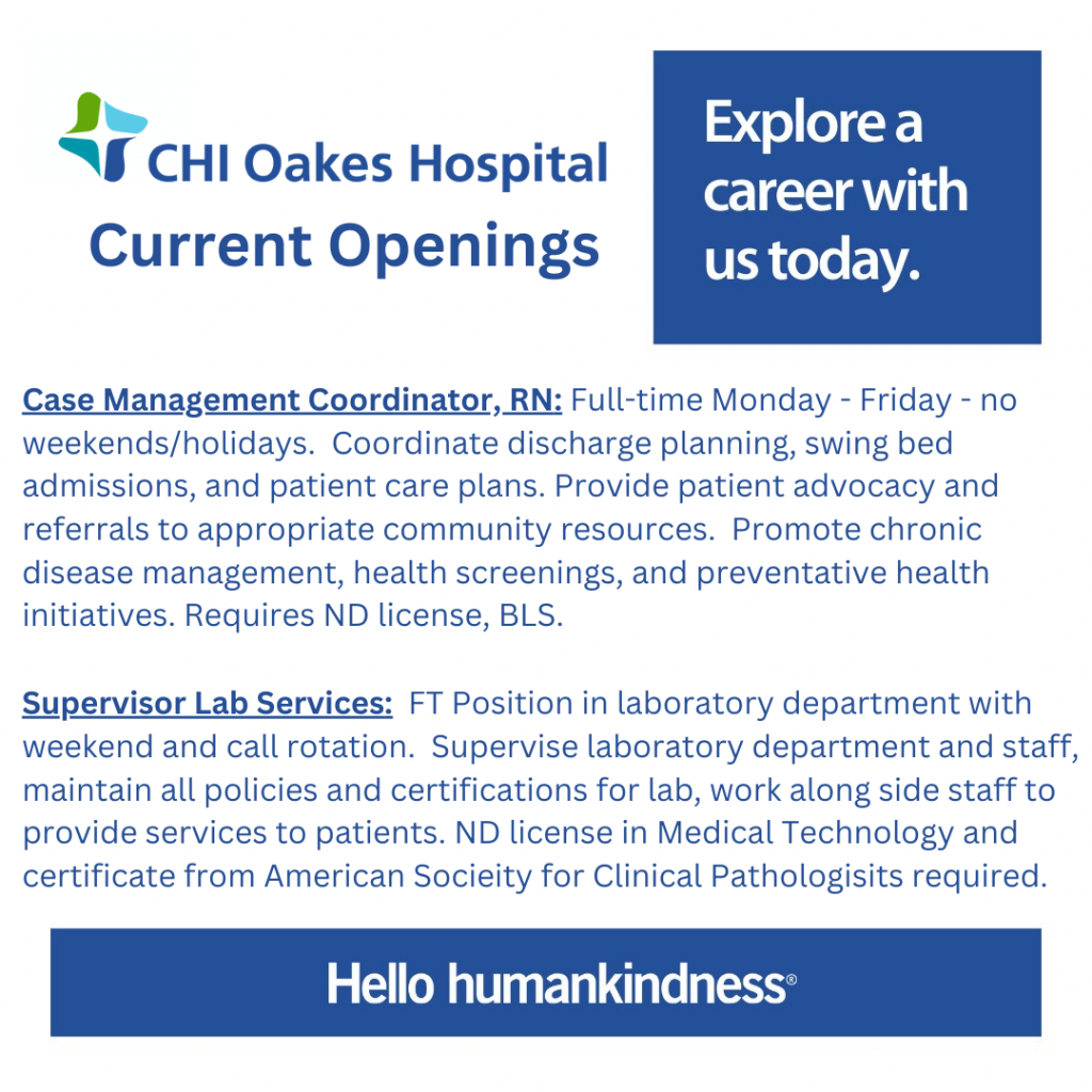 Many Positions Available at CHI Oakes Hospital