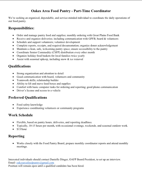 Coordinator at Oakes Area Food Pantry