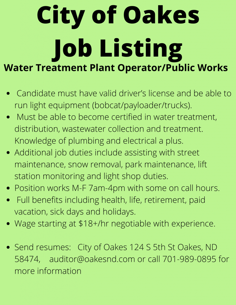 Water Treatment Plant Operator/Public Works at Oakes City