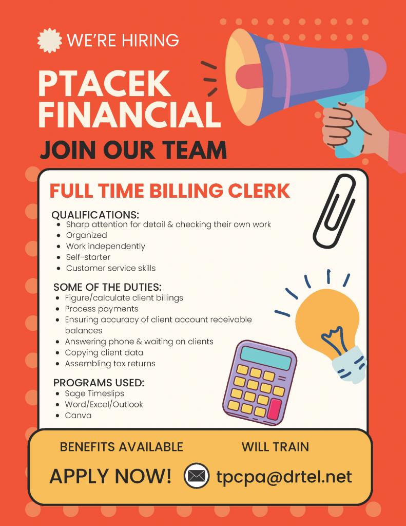 Billing Clerk at Ptacek Financial